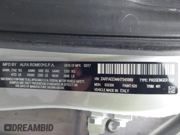 ✅ 2017 Alfa Romeo Giulia Ti • VIN: ZARFAEEN4H7545989 • Lot: 43732280. Listed on IAAI with 78,828 mi. Free auction sales archive from the USA and detailed vehicle history report at DreamBid. Image 9.