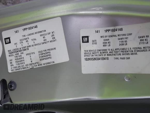 ✅ 2003 Pontiac Bonneville SE • VIN: 1G2HX52K334109418 • Lot: 43812743. Listed on IAAI with 194,417 mi. Free auction sales archive from the USA and detailed vehicle history report at DreamBid. Image 9.