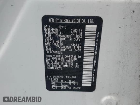 ✅ 2017 Nissan Armada SL • VIN: JN8AY2ND1H9004848 • Lot: 54059275. Wystawiony na Copart z przebiegiem 135 734 mil. Bezpłatny archiwum sprzedaży aukcyjnych z USA i szczegółowy raport historii pojazdu na DreamBid. Zdjęcie 12.