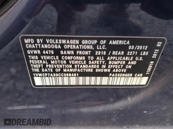 ✅ 2012 Volkswagen Passat SEL • VIN: 1VWCP7A33CC068481 • Lot: 87365145. Wystawiony na Copart z przebiegiem Nie podano. Bezpłatny archiwum sprzedaży aukcyjnych z USA i szczegółowy raport historii pojazdu na DreamBid. Zdjęcie 12.