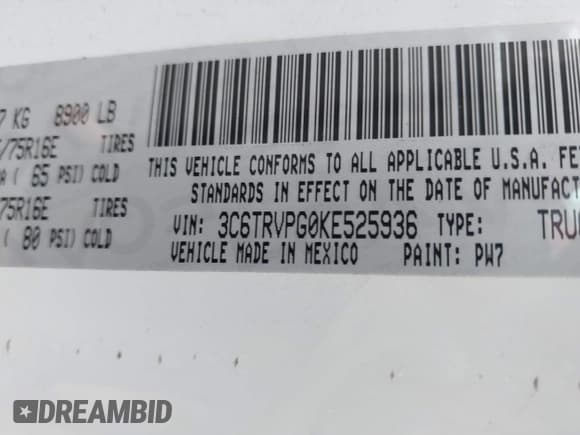 ✅ 2019 Ram ProMaster Cargo • VIN: 3C6TRVPG0KE525936 • Lot: 43488516. Listed on IAAI with 64,988 mi. Free auction sales archive from the USA and detailed vehicle history report at DreamBid. Image 9.