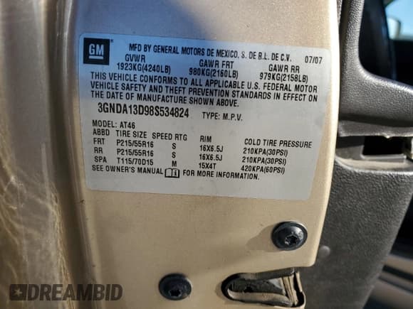 ✅ 2008 Chevrolet HHR LS • VIN: 3GNDA13D98S534824 • Lot: 41782005. Listed on Copart with 121,708 mi. Free auction sales archive from the USA and detailed vehicle history report at DreamBid. Image 12.