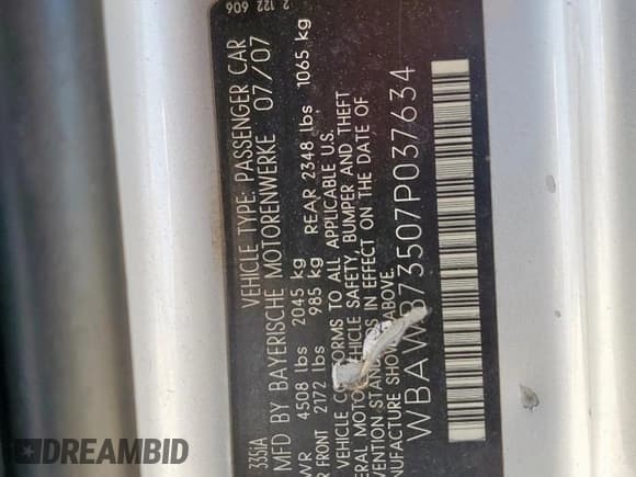 ✅ 2007 BMW 3 Series 335i • VIN: WBAWB73507P037634 • Lot: 67088395. Listed on Copart with 179,146 mi. Free auction sales archive from the USA and detailed vehicle history report at DreamBid. Image 13.