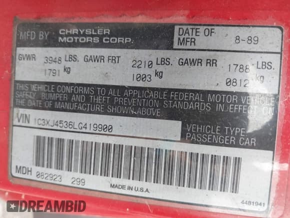 ✅ 1990 Chrysler LeBaron • VIN: 1C3XJ4536LG419900 • Lot: 42440988. Listed on IAAI with 132,496 mi. Free auction sales archive from the USA and detailed vehicle history report at DreamBid. Image 9.