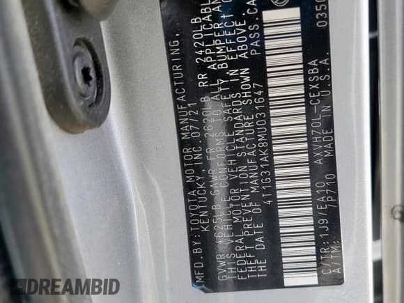 2021 Toyota Camry Hybrid SE с VIN 4T1G31AK8MU031647, выставлен на аукционе Copart как лот 67152125 с пробегом 66 935 миль миль и Списание • Salvage title. История ставок и продаж доступна на DreamBid. Изображение 12.