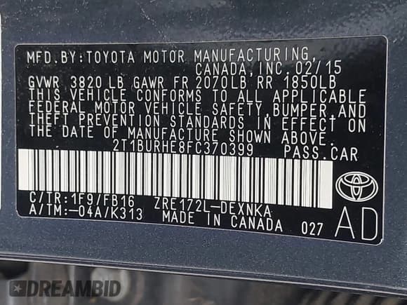 ✅ 2015 Toyota Corolla S Plus • VIN: 2T1BURHE8FC370399 • Лот: 43436616. Опубликован ранее на IAAI с пробегом 102 095 миль. Бесплатный доступ к архиву аукционных продаж из США и подробный отчёт об истории автомобиля на DreamBid. Изображение 9.