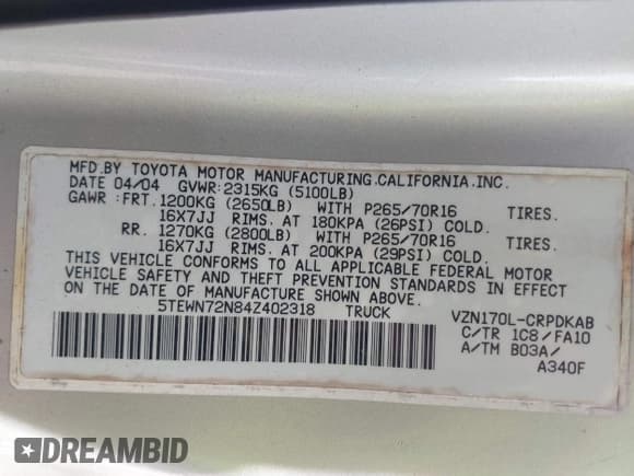 ✅ 2004 Toyota Tacoma • VIN: 5TEWN72N84Z402318 • Lot: 42457447. Wystawiony na IAAI z przebiegiem 215 000 mil. Bezpłatny archiwum sprzedaży aukcyjnych z USA i szczegółowy raport historii pojazdu na DreamBid. Zdjęcie 9.