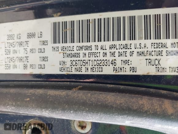 ✅ 2012 Ram 2500 ST • VIN: 3C6TD5HT1CG233146 • Лот: 42085258. Опубликован ранее на IAAI с пробегом Не указан. Бесплатный доступ к архиву аукционных продаж из США и подробный отчёт об истории автомобиля на DreamBid. Изображение 9.