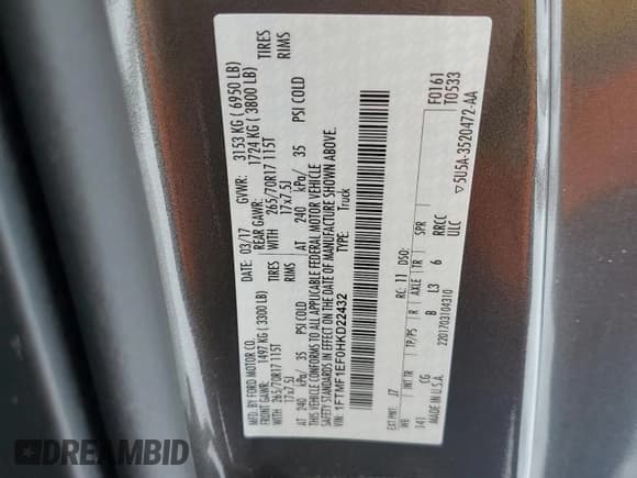 ✅ 2017 Ford F-150 XL • VIN: 1FTMF1EF0HKD22432 • Lot: 49775135. Listed on Copart with 62,066 mi. Free auction sales archive from the USA and detailed vehicle history report at DreamBid. Image 12.