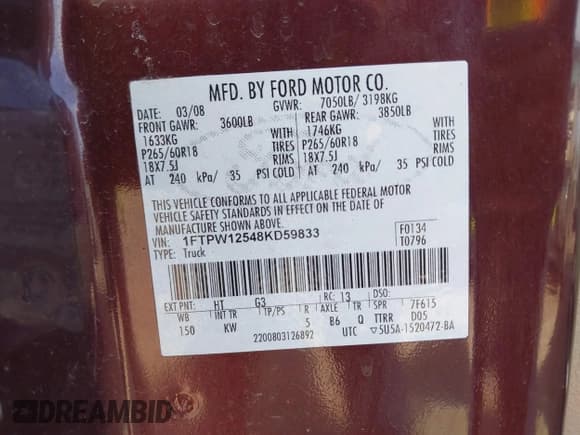 ✅ 2008 Ford F-150 XLT • VIN: 1FTPW12548KD59833 • Lot: 41764806. Listed on IAAI with 128,606 mi. Free auction sales archive from the USA and detailed vehicle history report at DreamBid. Image 9.