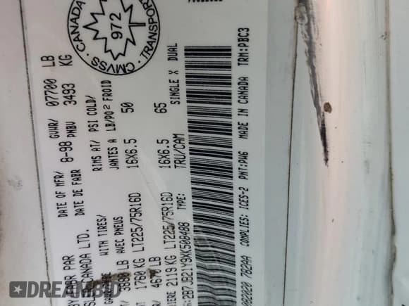 ✅ 1999 Dodge Cargo • VIN: 2B7JB21Y9XK508488 • Lot: 64641814. Listed on Copart with Not provided. Free auction sales archive from the USA and detailed vehicle history report at DreamBid. Image 12.