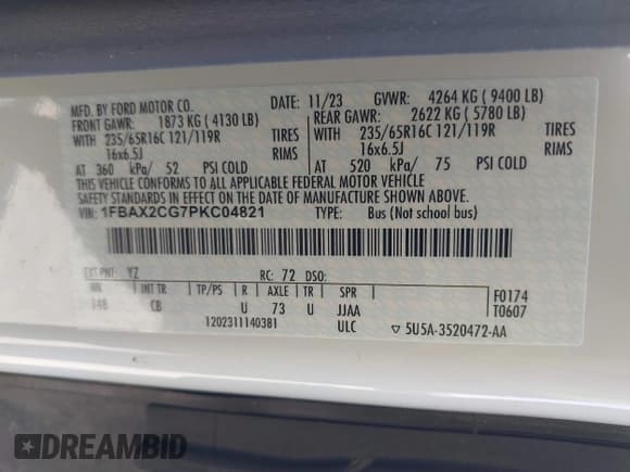 ✅ 2023 Ford Transit Passenger XL • VIN: 1FBAX2CG7PKC04821 • Lot: 42379783. Listed on IAAI with 15,909 mi. Free auction sales archive from the USA and detailed vehicle history report at DreamBid. Image 9.