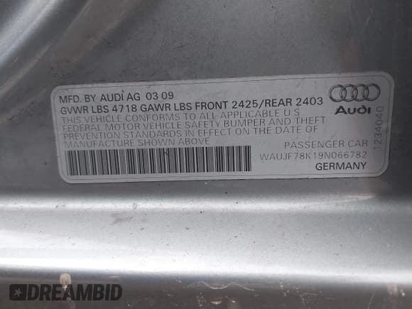 ✅ 2009 Audi A4 Premium • VIN: WAUJF78K19N066782 • Lot: 42757809. Wystawiony na IAAI z przebiegiem 151 947 mil. Bezpłatny archiwum sprzedaży aukcyjnych z USA i szczegółowy raport historii pojazdu na DreamBid. Zdjęcie 9.