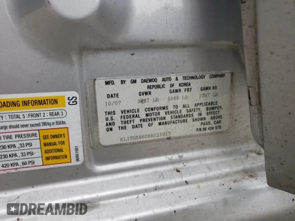 ✅ 2008 Chevrolet Aveo LT • VIN: KL1TG56608B121913 • Lot: 59699274. Wystawiony na Copart z przebiegiem 190 670 mil. Bezpłatny archiwum sprzedaży aukcyjnych z USA i szczegółowy raport historii pojazdu na DreamBid. Zdjęcie 12.