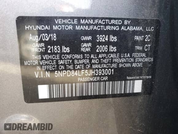 2018 Hyundai Elantra SEL with VIN 5NPD84LF5JH393001, listed as a Copart auction lot 84363465 with 92,355 mi miles and Salvage title. Bid and sale history available at DreamBid. Image 13.