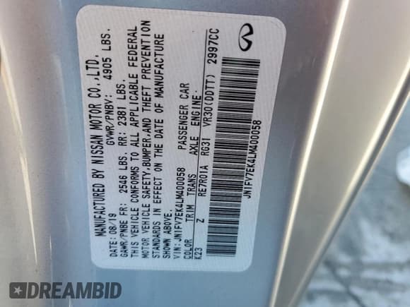 ✅ 2020 Infiniti Q60 Red Sport 400 • VIN: JN1FV7EK4LM400058 • Lot: 50720485. Listed on Copart with 47,782 mi. Free auction sales archive from the USA and detailed vehicle history report at DreamBid. Image 12.