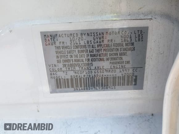 ✅ 2020 Nissan Sentra SR • VIN: 3N1AB8DV9LY308915 • Lot: 42911409. Listed on IAAI with 108,401 mi. Free auction sales archive from the USA and detailed vehicle history report at DreamBid. Image 9.