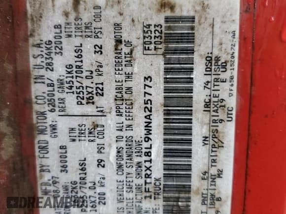 ✅ 1998 Ford F-150 • VIN: 1FTRX18L9WNA25773 • Lot: 92721345. Listed on Copart with 225,001 mi. Free auction sales archive from the USA and detailed vehicle history report at DreamBid. Image 12.