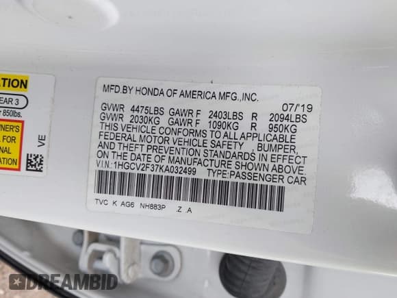 ✅ 2019 Honda Accord Sport • VIN: 1HGCV2F37KA032499 • Lot: 43037885. Listed on IAAI with 89,763 mi. Free auction sales archive from the USA and detailed vehicle history report at DreamBid. Image 9.