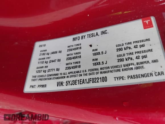✅ 2018 Tesla Model 3 Long Range Battery • VIN: 5YJ3E1EA1JF022100 • Lot: 43675807. Listed on IAAI with 46,786 mi. Free auction sales archive from the USA and detailed vehicle history report at DreamBid. Image 9.