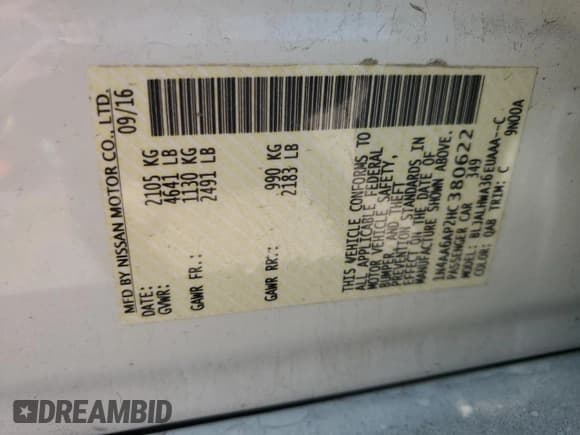 ✅ 2017 Nissan Maxima SR • VIN: 1N4AA6AP2HC380622 • Lot: 66642575. Listed on Copart with 108,364 mi. Free auction sales archive from the USA and detailed vehicle history report at DreamBid. Image 12.