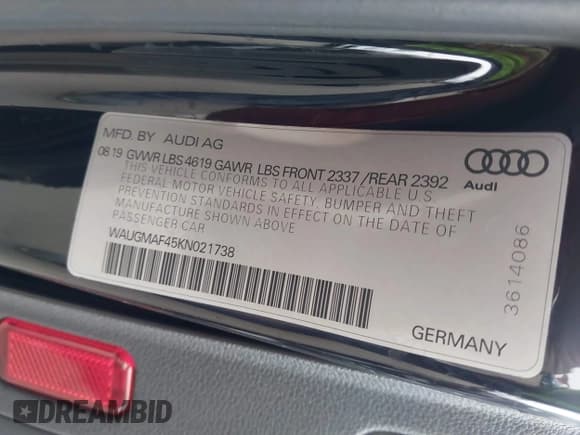 ✅ 2019 Audi A4 Premium • VIN: WAUGMAF45KN021738 • Лот: 41583455. Опубликован ранее на IAAI с пробегом 53 337 миль. Бесплатный доступ к архиву аукционных продаж из США и подробный отчёт об истории автомобиля на DreamBid. Изображение 9.