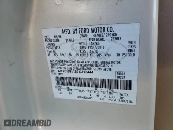 ✅ 2007 Mercury Mariner Luxury • VIN: 4M2CU91157KJ12444 • Lot: 93310955. Listed on Copart with 176,307 mi. Free auction sales archive from the USA and detailed vehicle history report at DreamBid. Image 13.