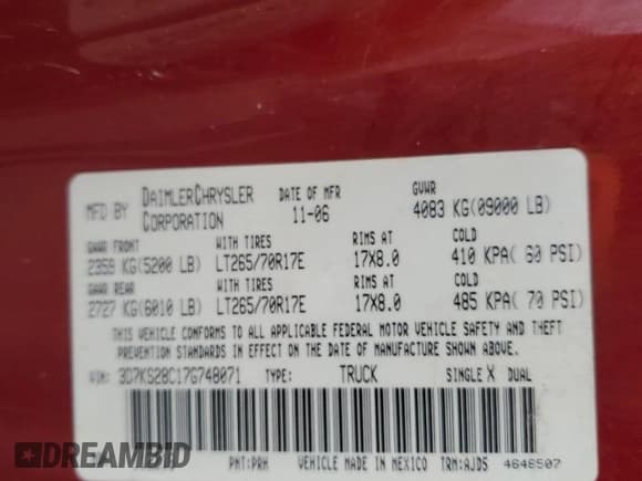 ✅ 2007 Dodge 2500 SLT • VIN: 3D7KS28C17G748071 • Лот: 82684505. Опубликован ранее на Copart с пробегом 168 674 миль. Бесплатный доступ к архиву аукционных продаж из США и подробный отчёт об истории автомобиля на DreamBid. Изображение 13.