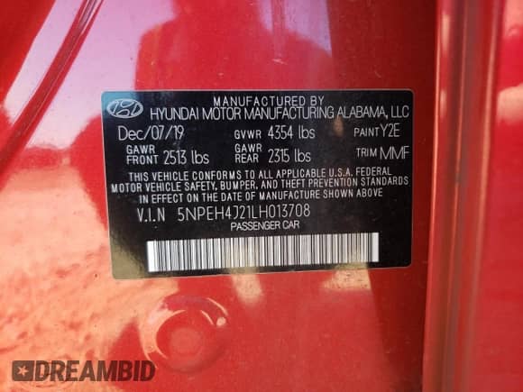 2020 Hyundai Sonata Limited z VIN 5NPEH4J21LH013708, wystawiony jako Copart lot #85135325 z przebiegiem 68 842 mil mil oraz Szkoda całkowita • Salvage title. Historia ofert i sprzedaży dostępna na DreamBid. Obrazek 12.