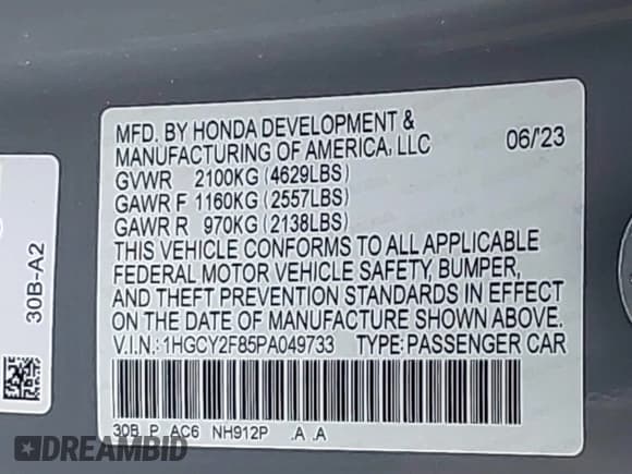 ✅ 2023 Honda Accord Touring • VIN: 1HGCY2F85PA049733 • Lot: 43805116. Listed on IAAI with 28,344 mi. Free auction sales archive from the USA and detailed vehicle history report at DreamBid. Image 9.