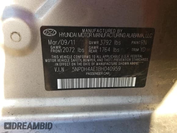 ✅ 2011 Hyundai Elantra Limited • VIN: 5NPDH4AE1BH040959 • Lot: 84247285. Listed on Copart with 122,020 mi. Free auction sales archive from the USA and detailed vehicle history report at DreamBid. Image 12.