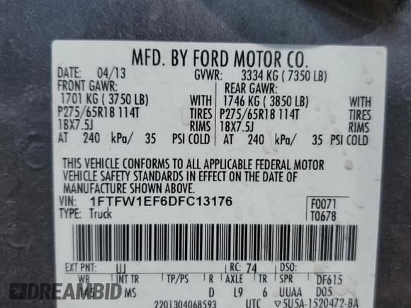 ✅ 2013 Ford F-150 XL • VIN: 1FTFW1EF6DFC13176 • Lot: 54921795. Listed on Copart with 147,280 mi. Free auction sales archive from the USA and detailed vehicle history report at DreamBid. Image 12.