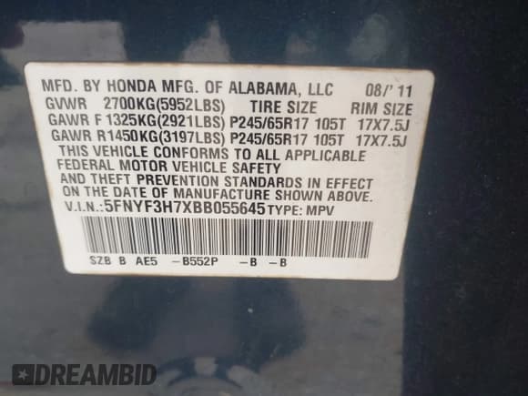 ✅ 2011 Honda Pilot EX-L • VIN: 5FNYF3H7XBB055645 • Лот: 42502317. Опубликован ранее на IAAI с пробегом 117 723 миль. Бесплатный доступ к архиву аукционных продаж из США и подробный отчёт об истории автомобиля на DreamBid. Изображение 9.