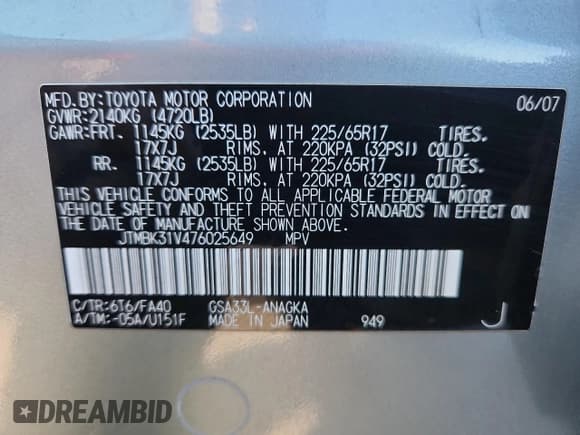 ✅ 2007 Toyota RAV4 Limited • VIN: JTMBK31V476025649 • Lot: 90865995. Listed on Copart with 213,187 mi. Free auction sales archive from the USA and detailed vehicle history report at DreamBid. Image 13.