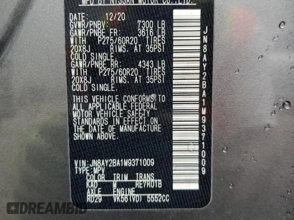 ✅ 2021 Nissan Armada SL • VIN: JN8AY2BA1M9371009 • Lot: 68242875. Wystawiony na Copart z przebiegiem 106 605 mil. Bezpłatny archiwum sprzedaży aukcyjnych z USA i szczegółowy raport historii pojazdu na DreamBid. Zdjęcie 13.