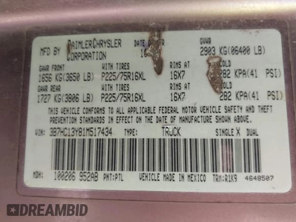 ✅ 2001 Dodge 1500 • VIN: 3B7HC13Y81M517434 • Lot: 43254565. Listed on IAAI with 358,770 mi. Free auction sales archive from the USA and detailed vehicle history report at DreamBid. Image 9.