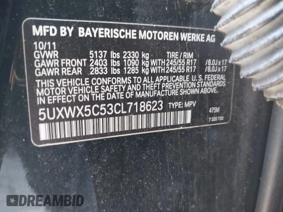 ✅ 2012 BMW X3 28i • VIN: 5UXWX5C53CL718623 • Lot: 43536640. Listed on IAAI with 192,292 mi. Free auction sales archive from the USA and detailed vehicle history report at DreamBid. Image 9.