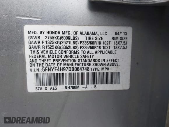 ✅ 2013 Honda Pilot Touring • VIN: 5FNYF4H97DB064748 • Lot: 43607982. Listed on IAAI with 140,066 mi. Free auction sales archive from the USA and detailed vehicle history report at DreamBid. Image 9.