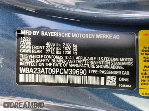 ✅ 2023 BMW 4 Series 430i • VIN: WBA23AT09PCM39690 • Lot: 43609655. Listed on Copart with 11,224 mi. Free auction sales archive from the USA and detailed vehicle history report at DreamBid. Image 14.