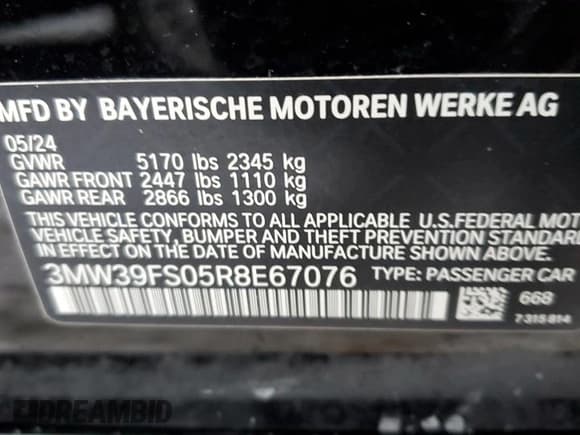 ✅ 2024 BMW 3 Series 330e xDrive • VIN: 3MW39FS05R8E67076 • Lot: 86309024. Listed on Copart with Not provided. Free auction sales archive from the USA and detailed vehicle history report at DreamBid. Image 12.