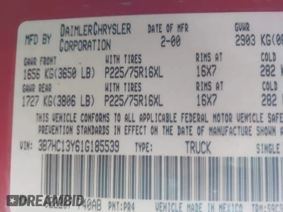 ✅ 2001 Dodge 1500 • VIN: 3B7HC13Y61G185539 • Lot: 42585110. Listed on IAAI with 286,507 mi. Free auction sales archive from the USA and detailed vehicle history report at DreamBid. Image 9.