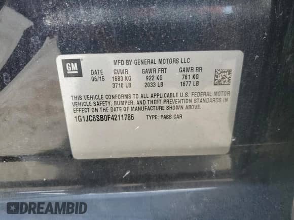 2015 Chevrolet Sonic LT z VIN 1G1JC6SB0F4211786, wystawiony jako Copart lot #65592775 z przebiegiem 97 042 mil mil oraz Nie do naprawy • Non repairable. Historia ofert i sprzedaży dostępna na DreamBid. Obrazek 13.