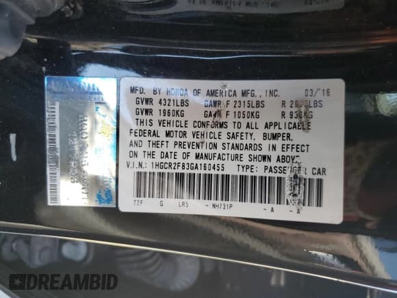 ✅ 2016 Honda Accord EX-L • VIN: 1HGCR2F83GA160455 • Lot: 70949205. Listed on Copart with 157,655 mi. Free auction sales archive from the USA and detailed vehicle history report at DreamBid. Image 12.