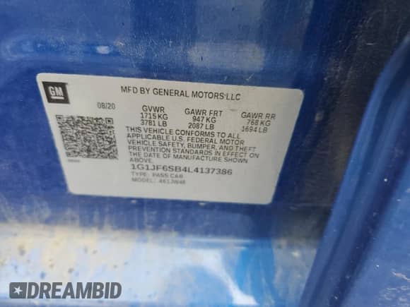 2020 Chevrolet Sonic Premier with VIN 1G1JF6SB4L4137386, listed as a Copart auction lot 71990014 with 80,604 mi miles and Salvage title. Bid and sale history available at DreamBid. Image 12.