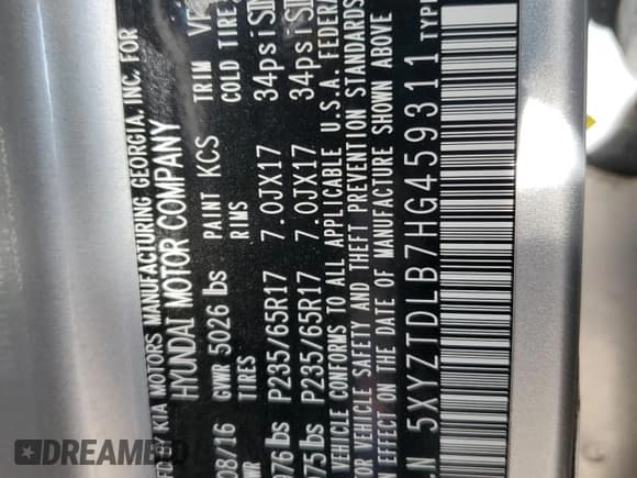 ✅ 2017 Hyundai Santa Fe 2.4L • VIN: 5XYZTDLB7HG459311 • Lot: 84414305. Wystawiony na Copart z przebiegiem 152 972 mil. Bezpłatny archiwum sprzedaży aukcyjnych z USA i szczegółowy raport historii pojazdu na DreamBid. Zdjęcie 13.