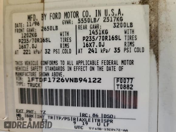 ✅ 1997 Ford F-150 • VIN: 1FTDF1726VNB94122 • Lot: 90649525. Wystawiony na Copart z przebiegiem 260 730 mil. Bezpłatny archiwum sprzedaży aukcyjnych z USA i szczegółowy raport historii pojazdu na DreamBid. Zdjęcie 12.