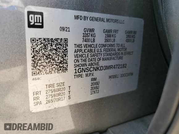 2021 Chevrolet Tahoe LT with VIN 1GNSCNKD3MR472182, listed as a Copart auction lot 85840335 with 40,685 mi miles and Salvage title. Bid and sale history available at DreamBid. Image 13.