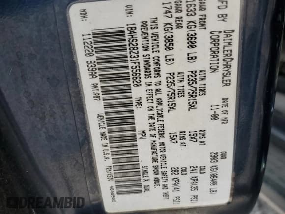 ✅ 2001 Dodge Durango • VIN: 1B4HS28Z31F556620 • Лот: 64578265. Опубликован ранее на Copart с пробегом 237 299 миль. Бесплатный доступ к архиву аукционных продаж из США и подробный отчёт об истории автомобиля на DreamBid. Изображение 13.