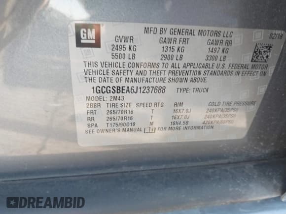 ✅ 2018 Chevrolet Colorado 2WD Work Truck • VIN: 1GCGSBEA6J1237688 • Lot: 41478016. Listed on IAAI with 58,053 mi. Free auction sales archive from the USA and detailed vehicle history report at DreamBid. Image 9.