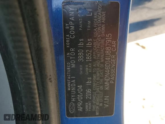 ✅ 2004 Hyundai Elantra GLS • VIN: KMHDN46D14U887915 • Lot: 46134045. Wystawiony na Copart z przebiegiem 188 245 mil. Bezpłatny archiwum sprzedaży aukcyjnych z USA i szczegółowy raport historii pojazdu na DreamBid. Zdjęcie 14.